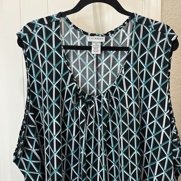 Catherines Teal Green Black Geometric Sleeveless Tank Top Blouse Womens Size 5X - Picture 2 of 9